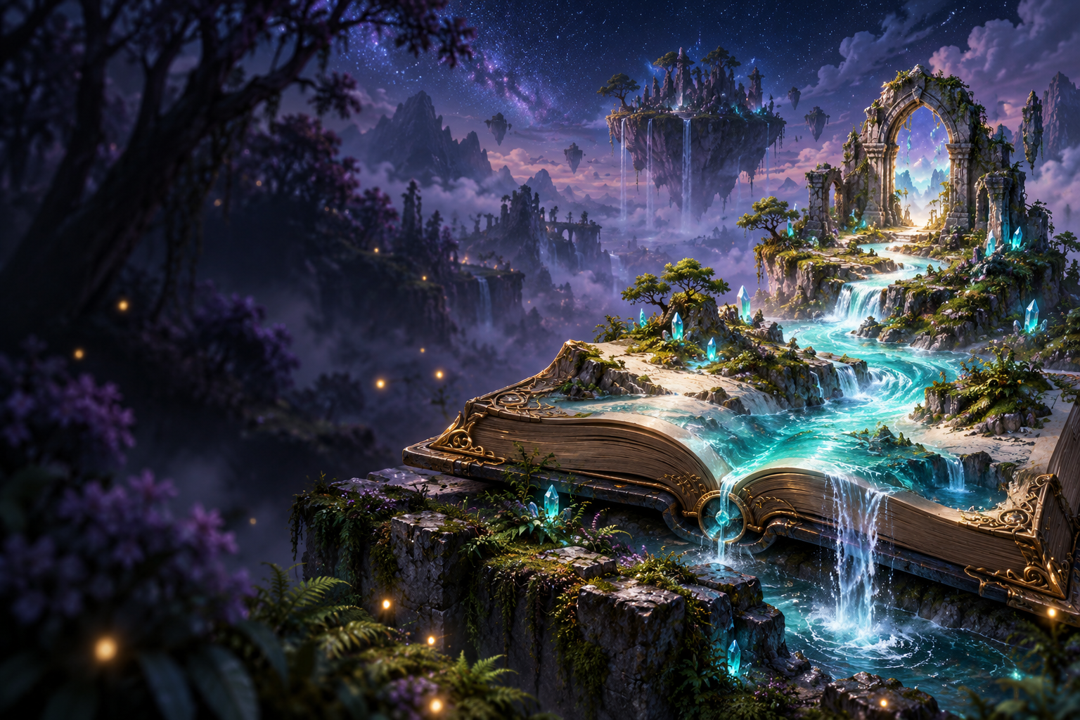 Conceptillustratie van een betoverd boek, lichtgevende rivier en zwevende eilanden